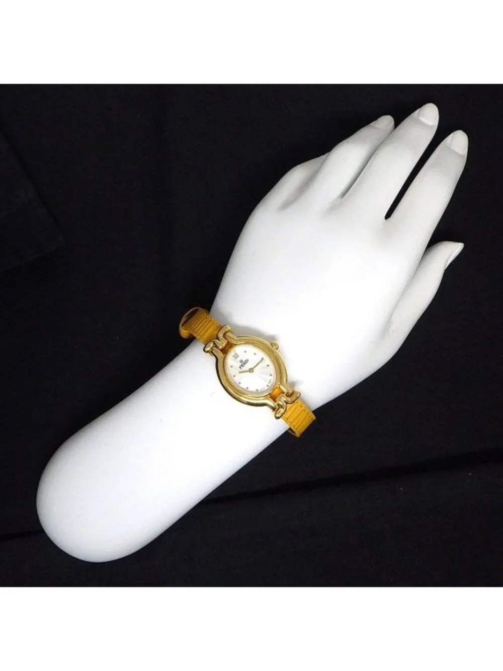 Fendi Watch Chameleon Change Oval Silver Guilloche Dial Yellow Calf Leather